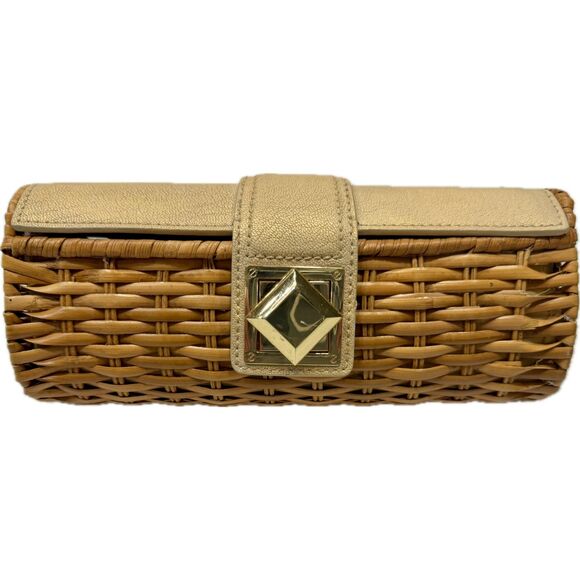 Michael Kors Woven Rattan Clutch with Gold Geometric Clasp – light gold leather - Picture 1 of 9